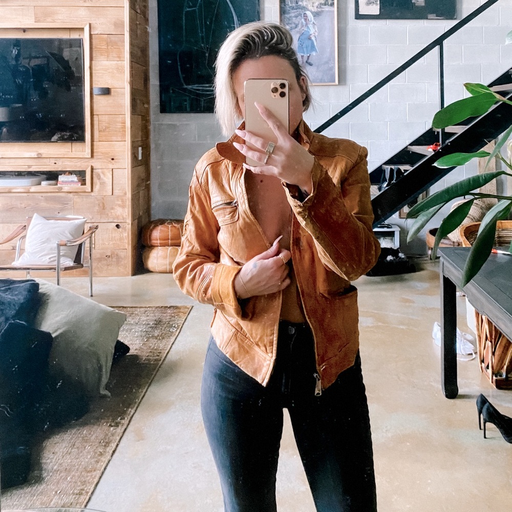 Vintage (very distressed) tan leather moto jacket with quilted back